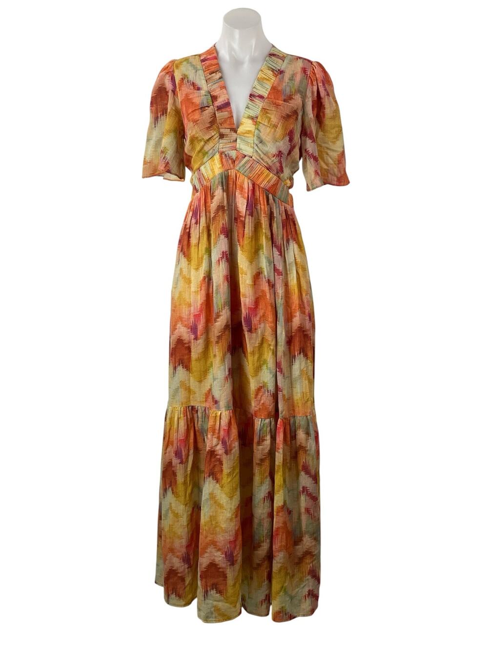 ba&sh Axana Women's Multicolored Short Sleeves Abstract Tiered Maxi Dress Sz S